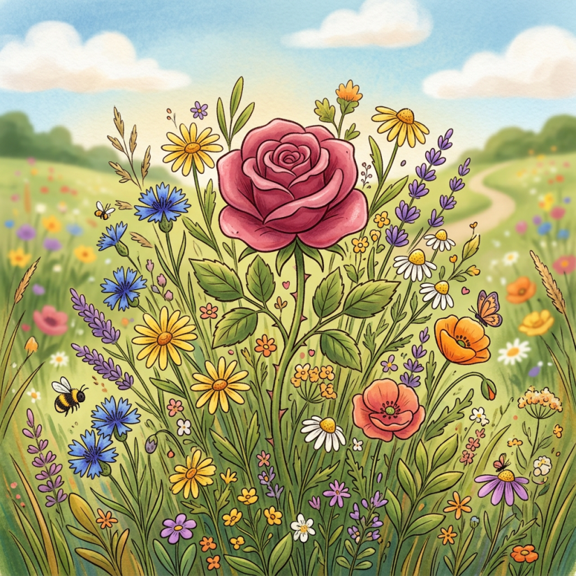 Illustrated wildflower meadow with a large pink rose, daisies, and bees
