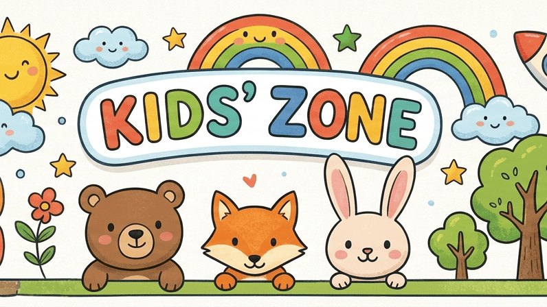 KIDS ZONE; WELCOME TO OUR FUN ADVENTURE!; PAGE CONTENT; MENU; FUN PAGES; GAMES; STORIES; ACTIVITIES