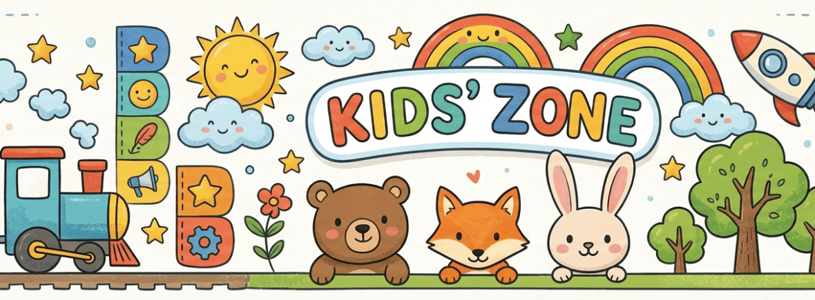 KIDS ZONE; WELCOME TO OUR FUN ADVENTURE!; PAGE CONTENT; MENU; FUN PAGES; GAMES; STORIES; ACTIVITIES